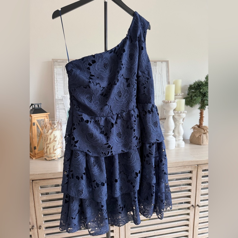 Layered With Love One-Shoulder Navy Lace Tiered Dress